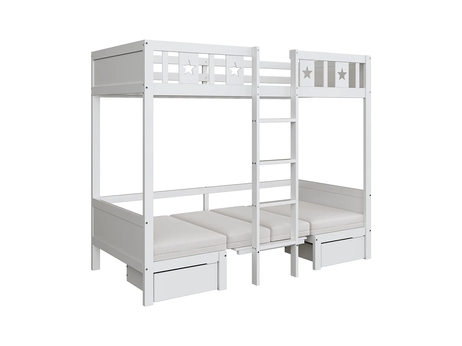 Litera 90x200cm - Cama-escritorio 2 en 1, tapizada, con 2 cajones, escalera - cama infantil de madera - color blanco