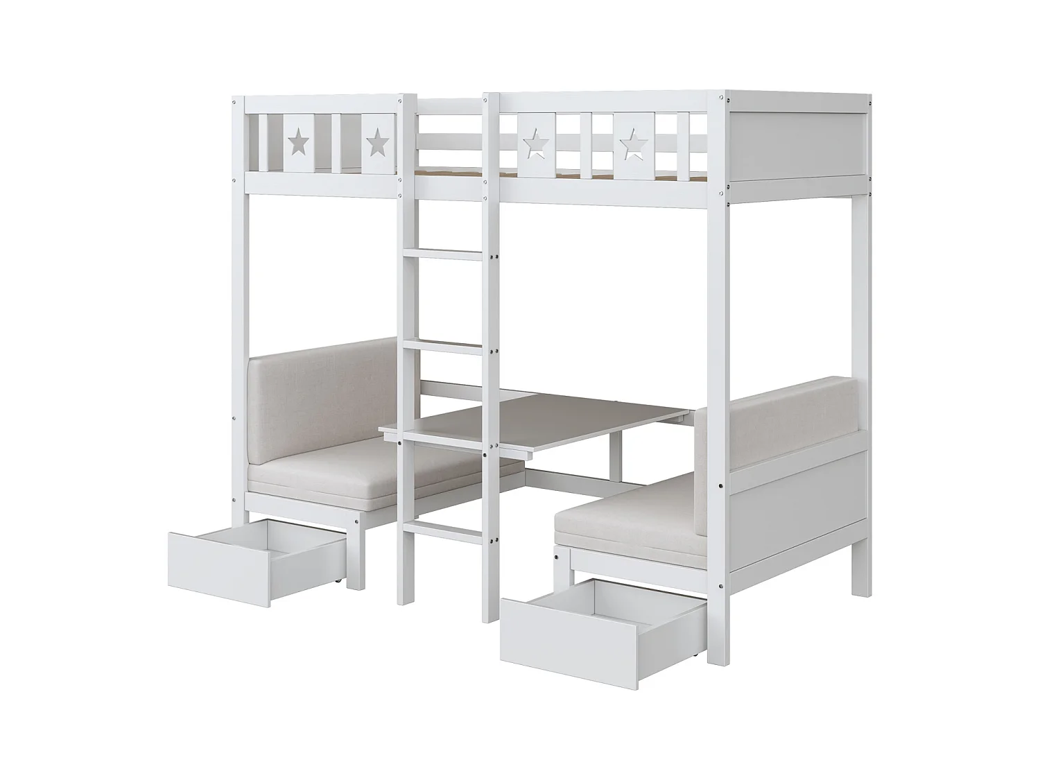 Litera 90x200cm - Cama-escritorio 2 en 1, tapizada, con 2 cajones, escalera - cama infantil de madera - color blanco