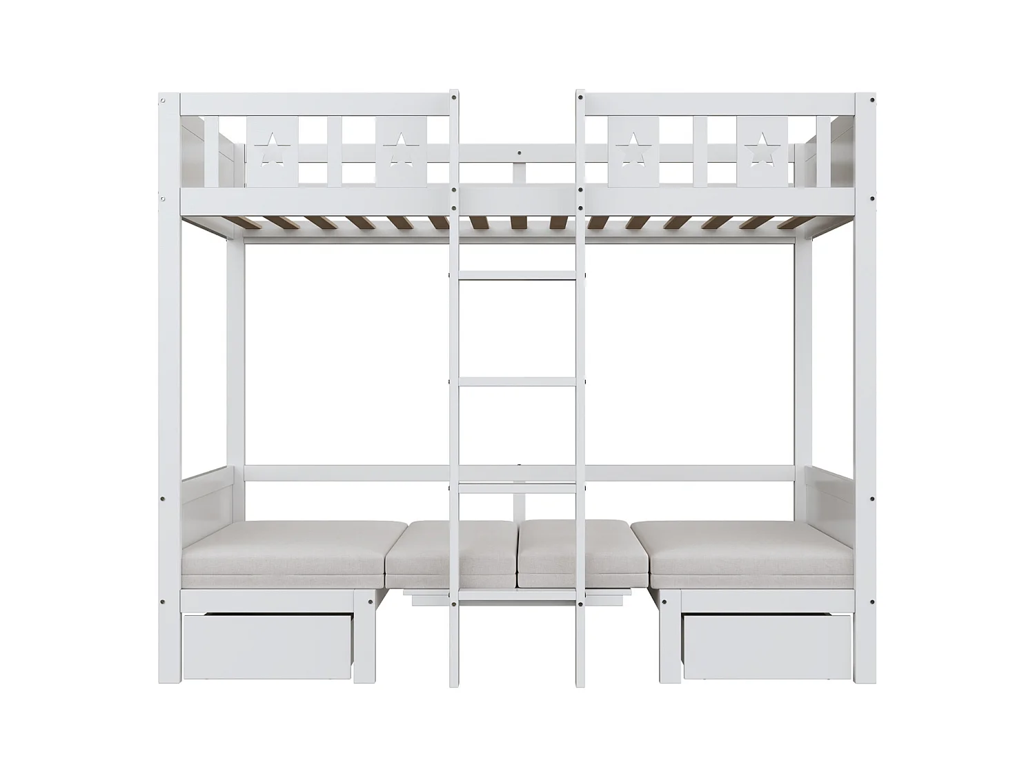 Litera 90x200cm - Cama-escritorio 2 en 1, tapizada, con 2 cajones, escalera - cama infantil de madera - color blanco