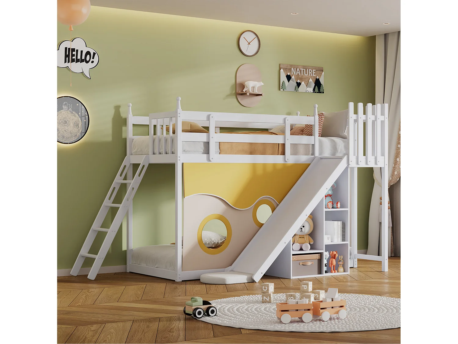 Lit superposé 90x200cm - Lit enfant en bois avec échelle, clôtures, rideau de lit, toboggan et étagère de rangement - Blanc