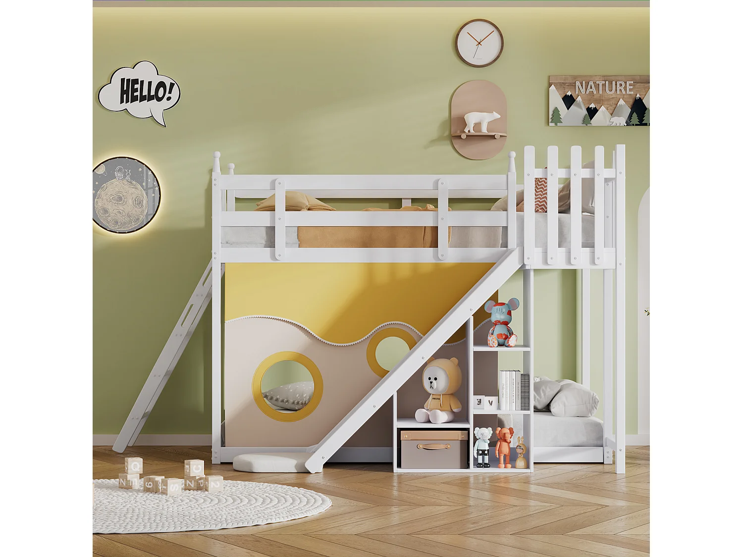Lit superposé 90x200cm - Lit enfant en bois avec échelle, clôtures, rideau de lit, toboggan et étagère de rangement - Blanc
