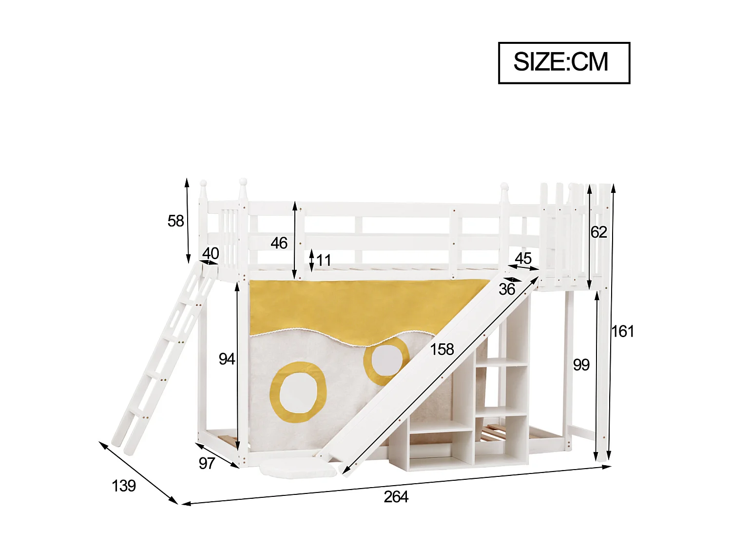 Lit superposé 90x200cm - Lit enfant en bois avec échelle, clôtures, rideau de lit, toboggan et étagère de rangement - Blanc