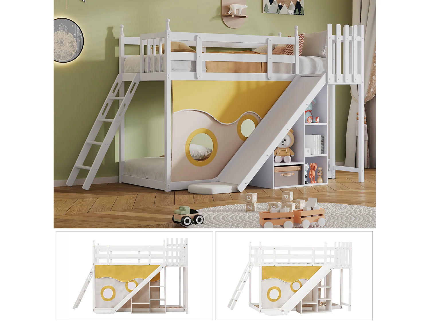 Lit superposé 90x200cm - Lit enfant en bois avec échelle, clôtures, rideau de lit, toboggan et étagère de rangement - Blanc