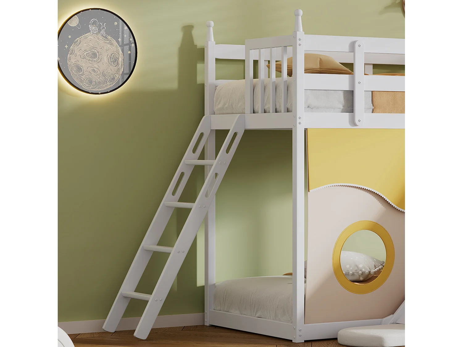 Lit superposé 90x200cm - Lit enfant en bois avec échelle, clôtures, rideau de lit, toboggan et étagère de rangement - Blanc