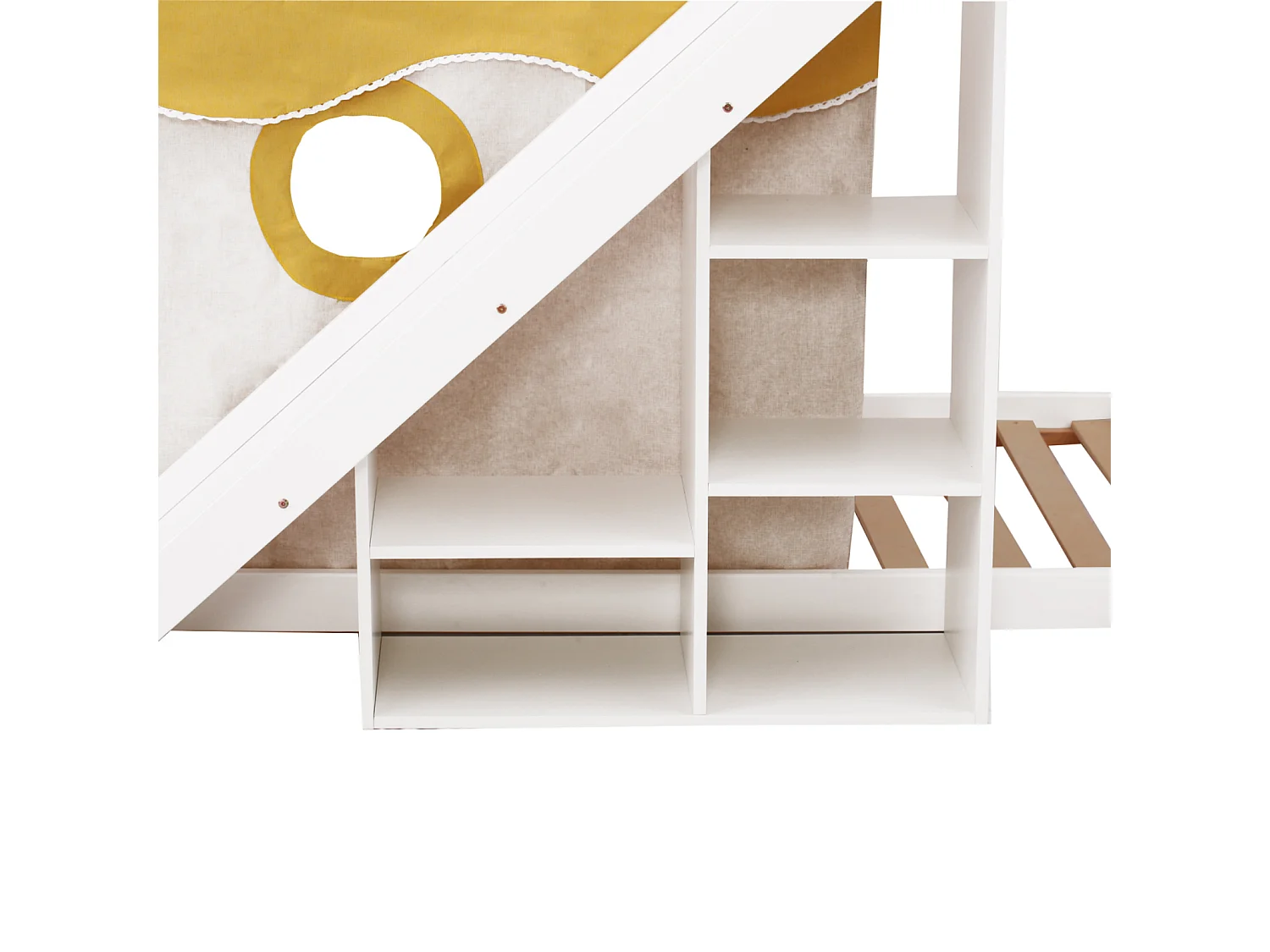 Lit superposé 90x200cm - Lit enfant en bois avec échelle, clôtures, rideau de lit, toboggan et étagère de rangement - Blanc