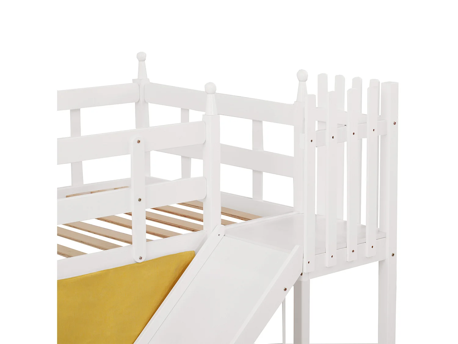 Lit superposé 90x200cm - Lit enfant en bois avec échelle, clôtures, rideau de lit, toboggan et étagère de rangement - Blanc