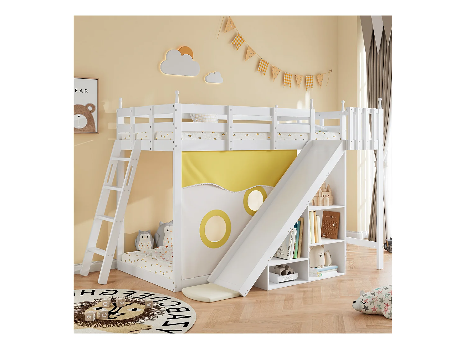 Stapelbed 90x200cm - Houten kinderbed met ladder, hekken, bedgordijn, glijbaan en opbergplank - Wit
