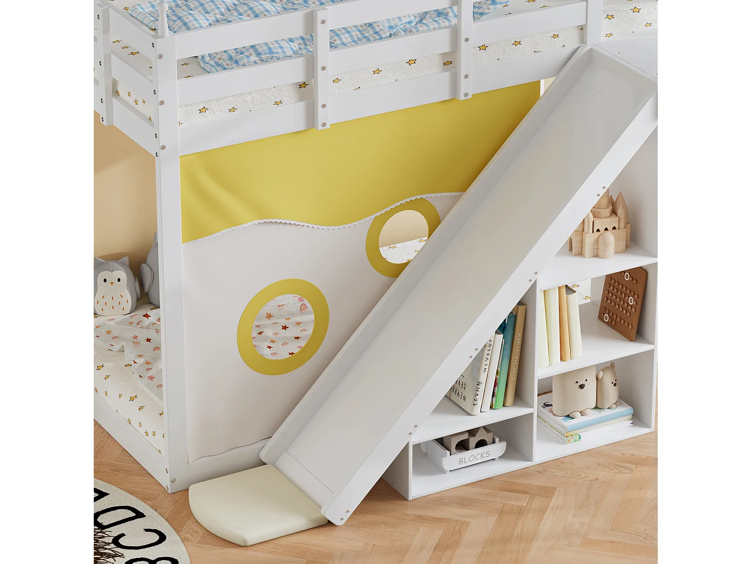 Stapelbed 90x200cm - Houten kinderbed met ladder, hekken, bedgordijn, glijbaan en opbergplank - Wit