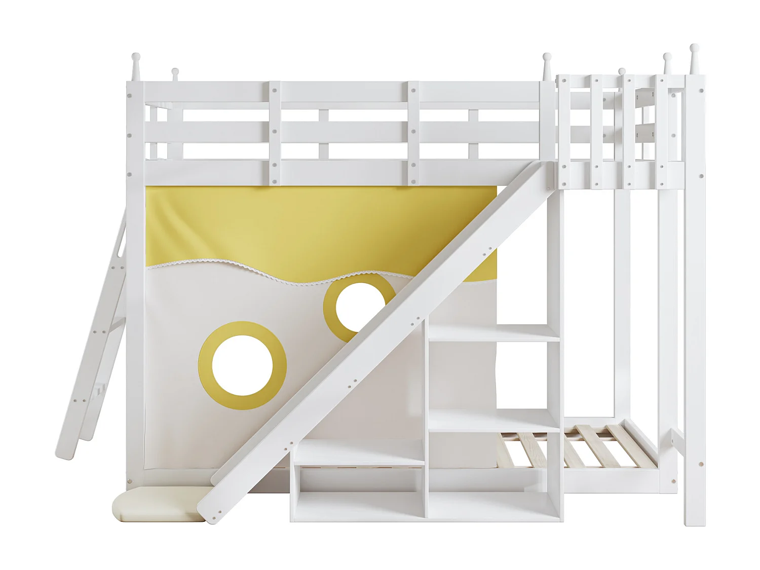 Stapelbed 90x200cm - Houten kinderbed met ladder, hekken, bedgordijn, glijbaan en opbergplank - Wit