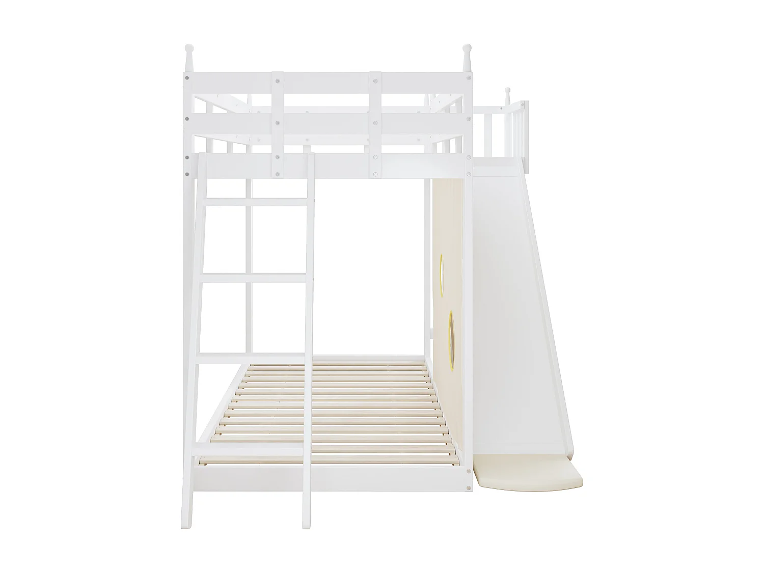 Stapelbed 90x200cm - Houten kinderbed met ladder, hekken, bedgordijn, glijbaan en opbergplank - Wit