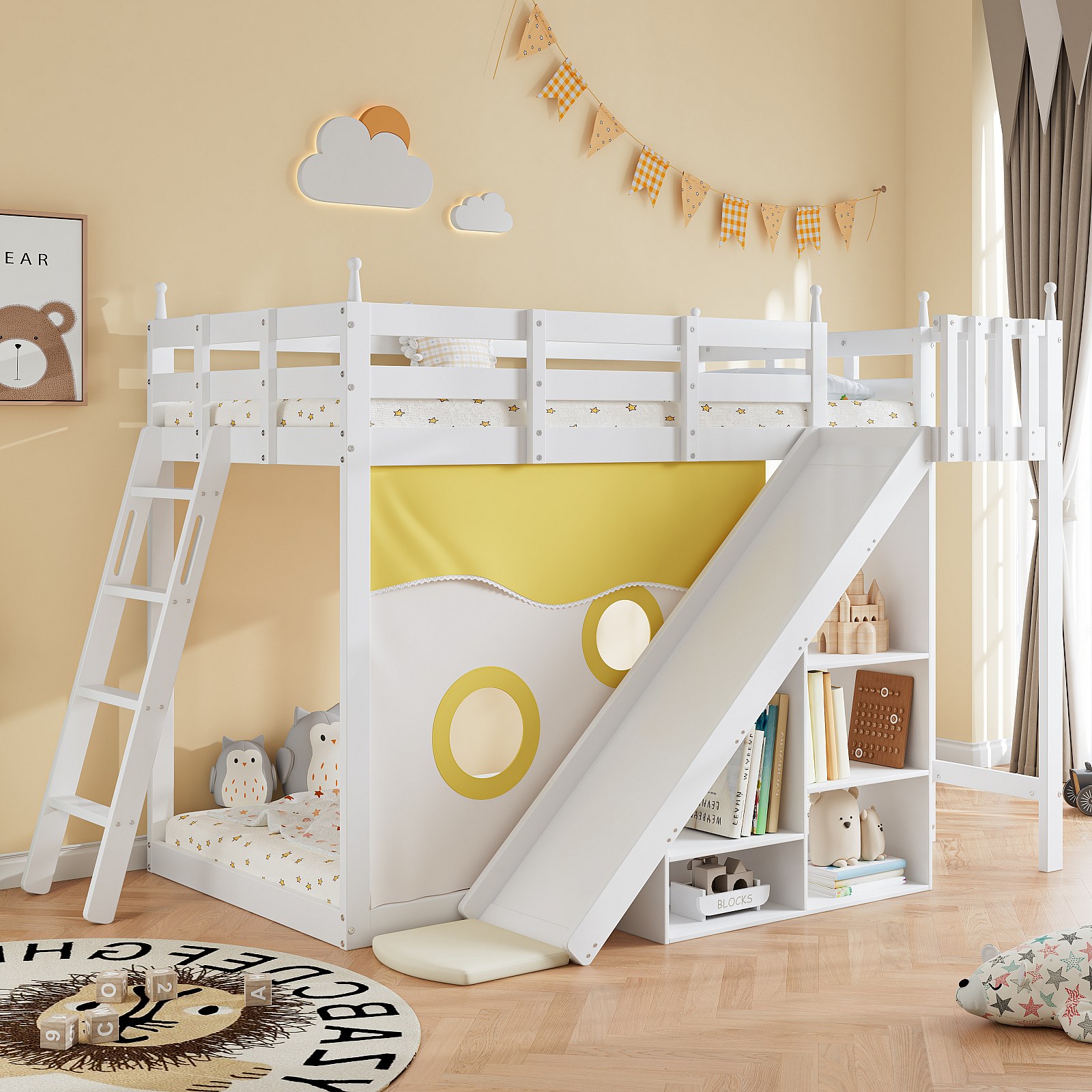 Lit Superposé Enfant 90x200 Cm En Bois Avec échelle Et Rangement - Mezzanine, Toit, Barrière De Sécurité, Blanc