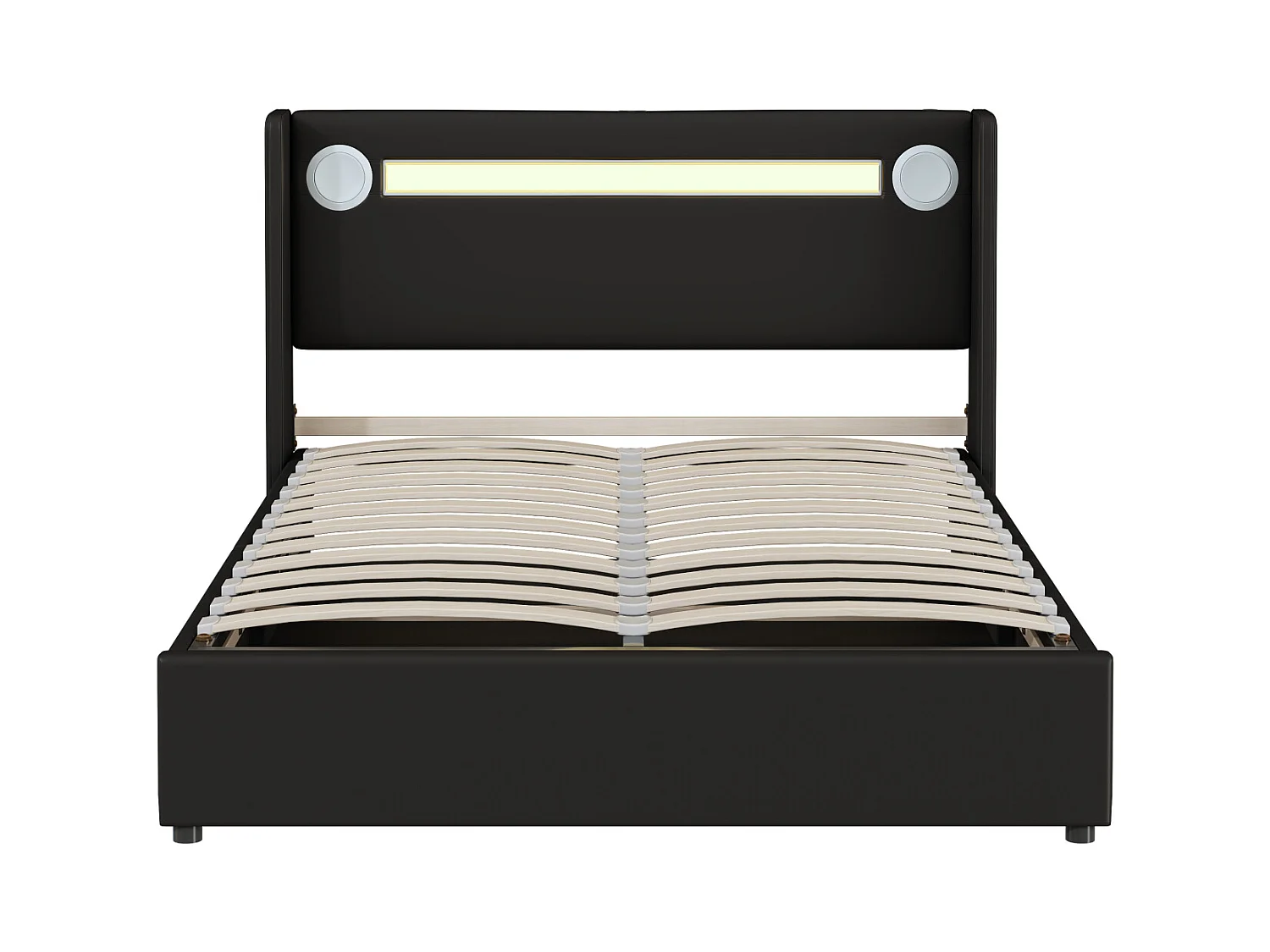 Lit coffre 140x200cm - Lit double avec sommier à lattes, tête de lit LED avec Bluetooth et port USB - en cuir PU Noir