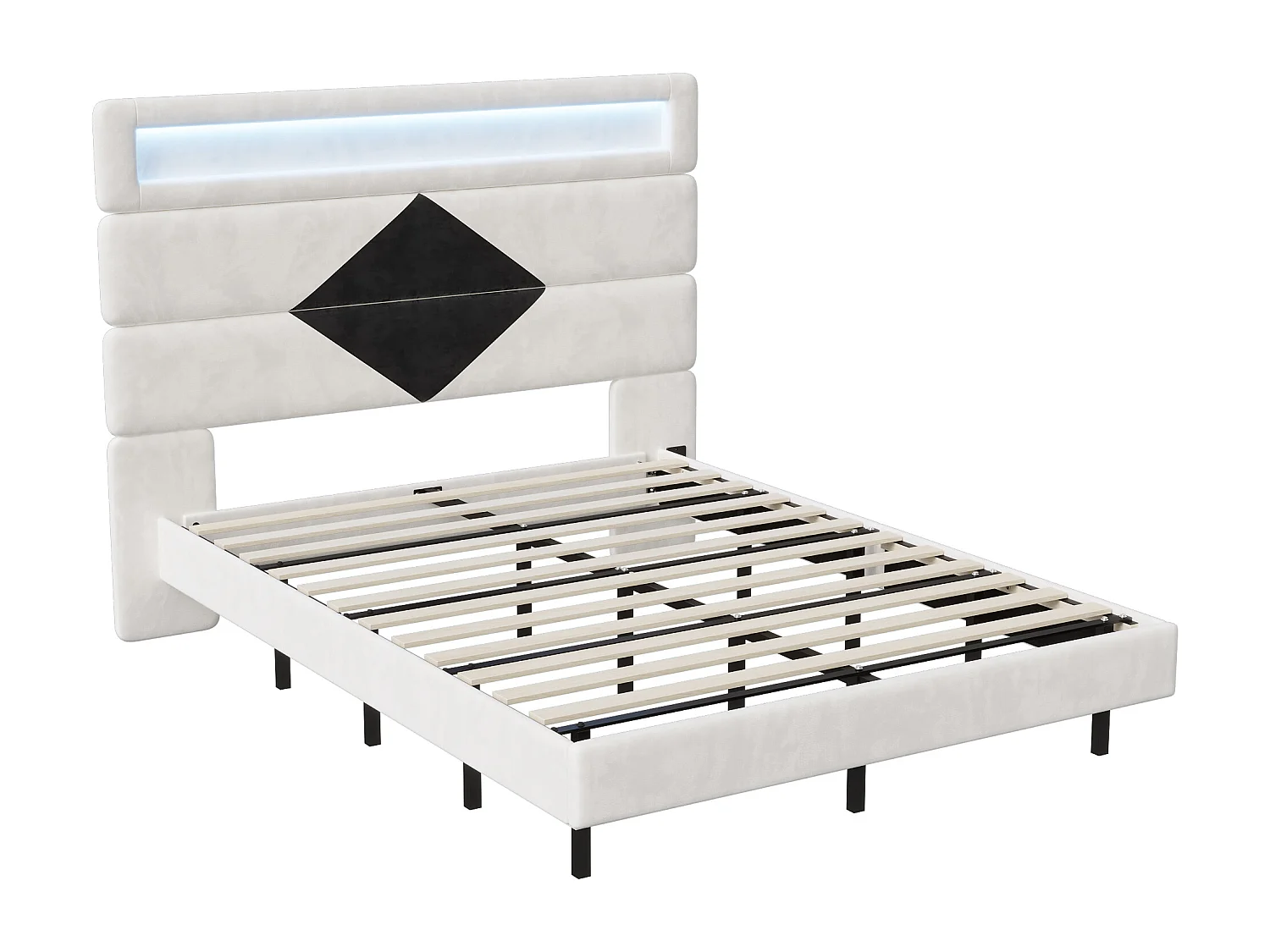 Lit 140x200 cm, Lit flottant avec tête de lit diamant,  avec  USB et éclairage LED,  - Blanc