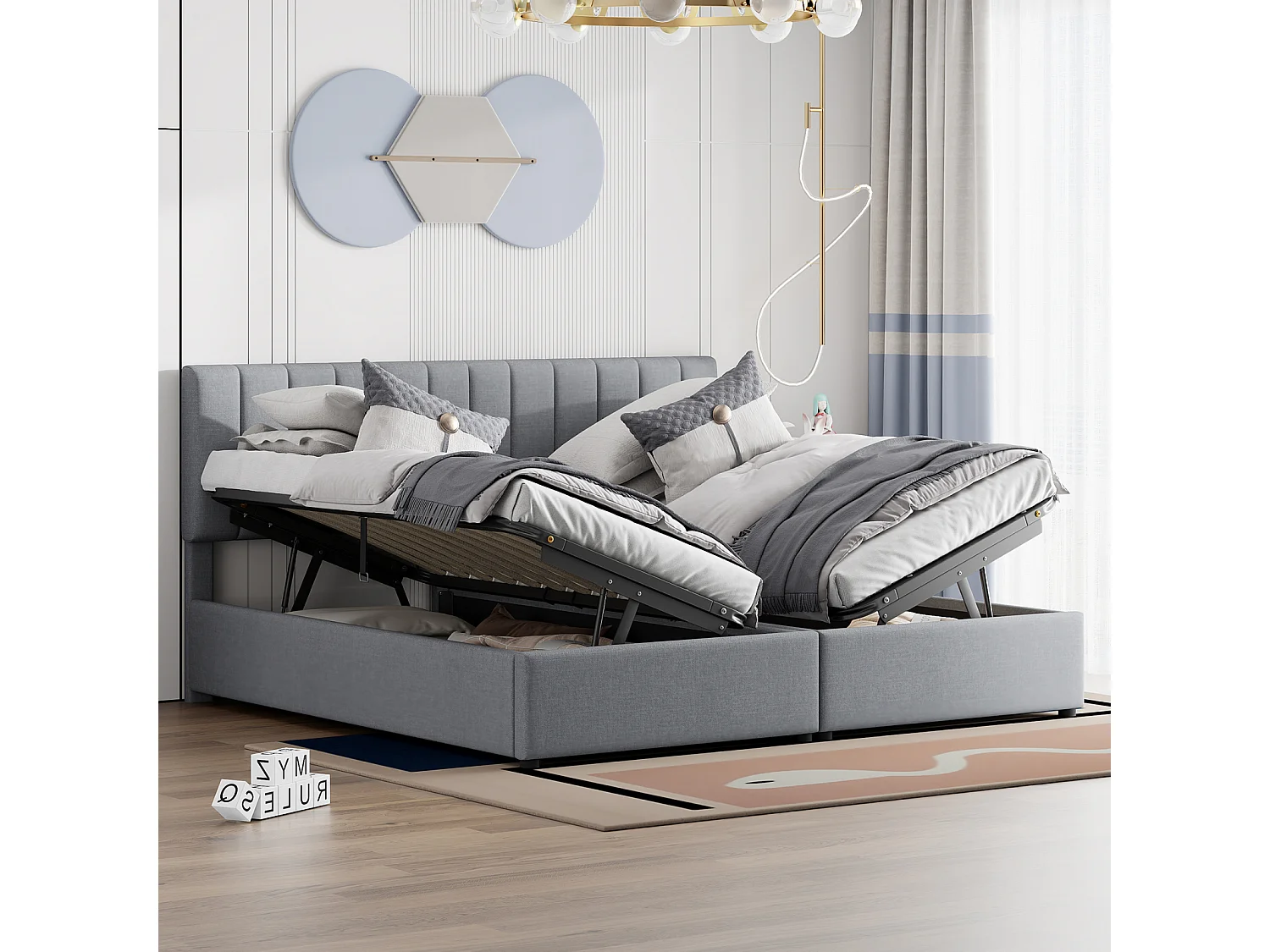 Cama canapé 180x200cm, con sistema hidráulico con espacio de almacenaje, cabecero regulable, somier de láminas de madera, cama de matrimonio tapizada en lino - Gris