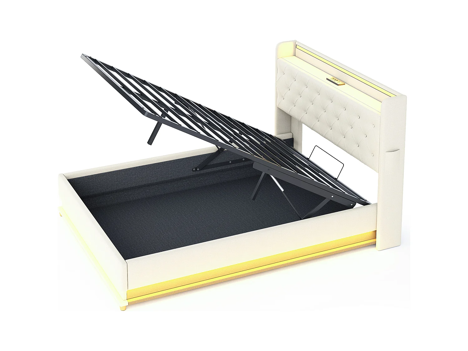 Lit coffre rembourré LED, avec sommier à lattes et tête de lit avec fonction chargement USB, tissu en lin, beige 140x200cm