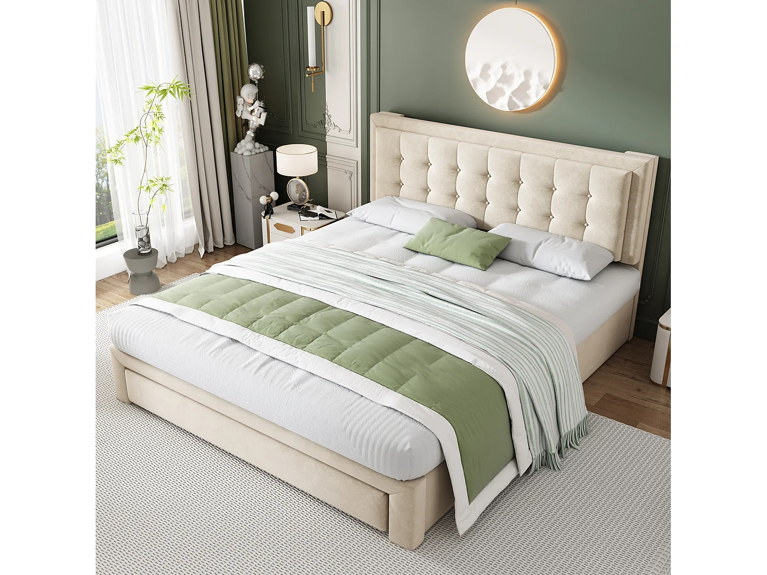 Cama canapé 160x200cm, cama de matrimonio tapizada con somier de láminas y cabecero regulable con 2 cajones, tejido terciopelo, color beige