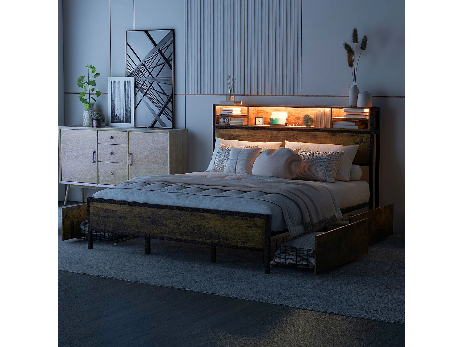 Volwassen bed met 4 lades, lattenbodem, LED-hoofdbord met USB-oplaad- en opbergfunctie, MDF + metaal, bruin 180x200cm