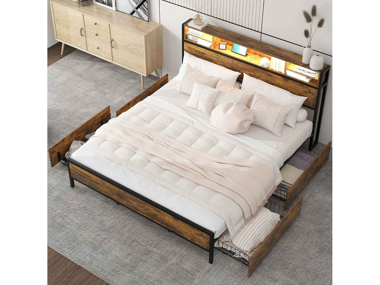 Volwassen bed met 4 lades, lattenbodem, LED-hoofdbord met USB-oplaad- en opbergfunctie, MDF + metaal, bruin 180x200cm