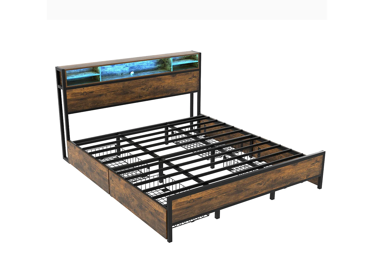 Volwassen bed met 4 lades, lattenbodem, LED-hoofdbord met USB-oplaad- en opbergfunctie, MDF + metaal, bruin 180x200cm