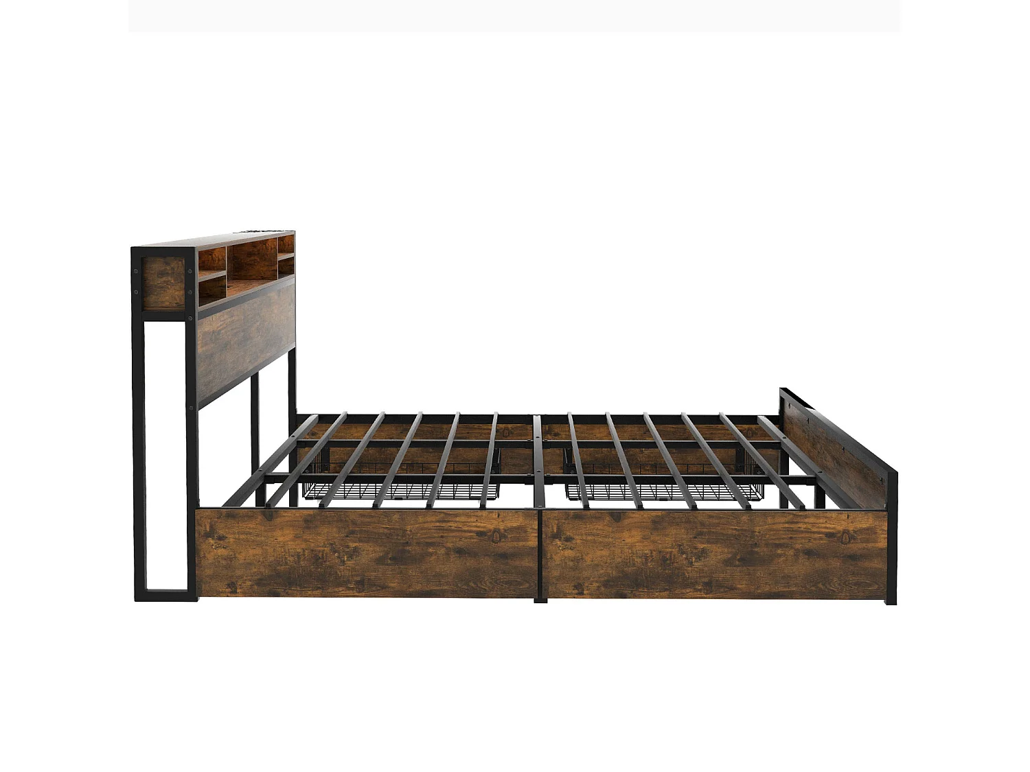 Volwassen bed met 4 lades, lattenbodem, LED-hoofdbord met USB-oplaad- en opbergfunctie, MDF + metaal, bruin 180x200cm