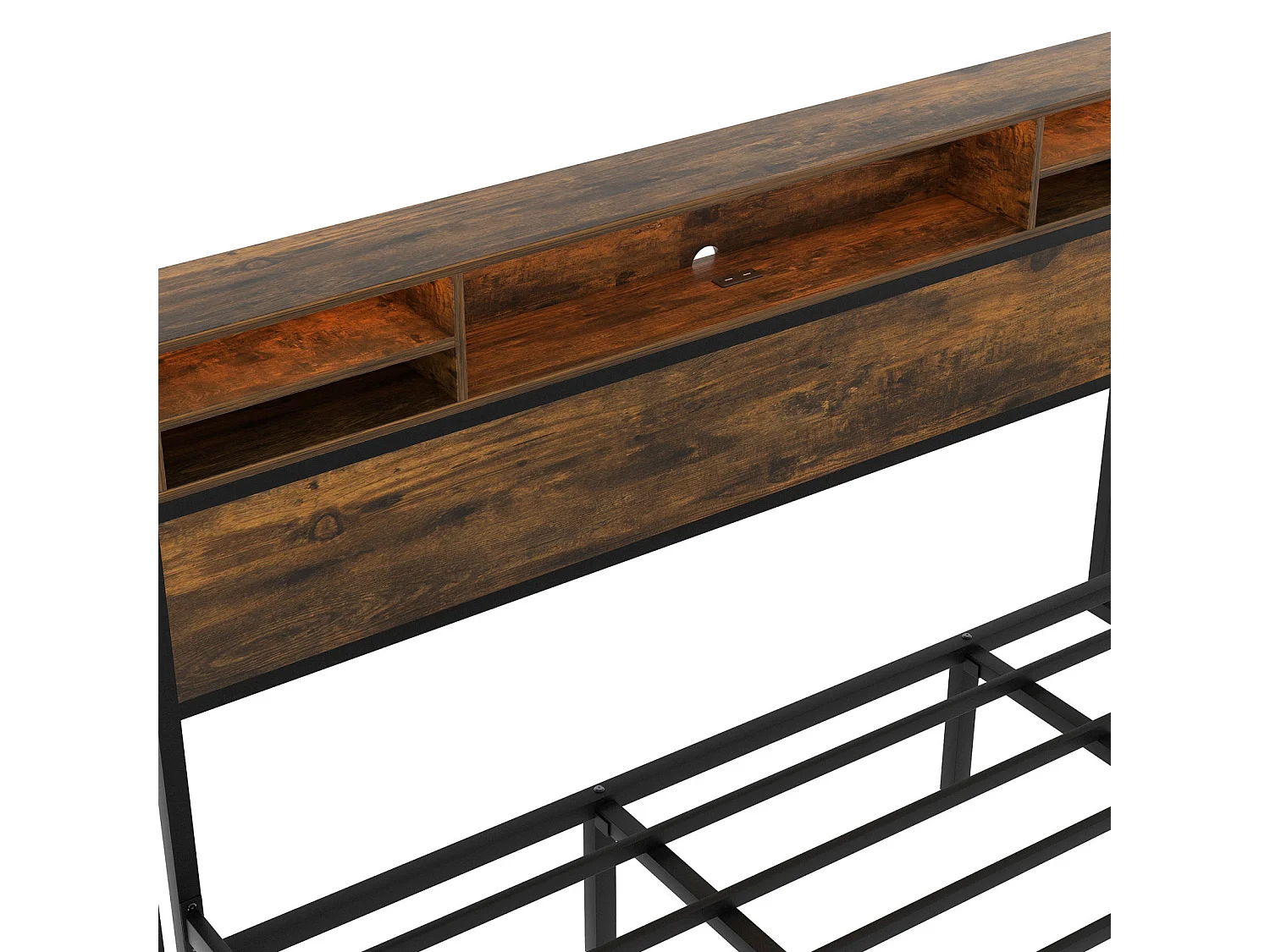 Volwassen bed met 4 lades, lattenbodem, LED-hoofdbord met USB-oplaad- en opbergfunctie, MDF + metaal, bruin 180x200cm