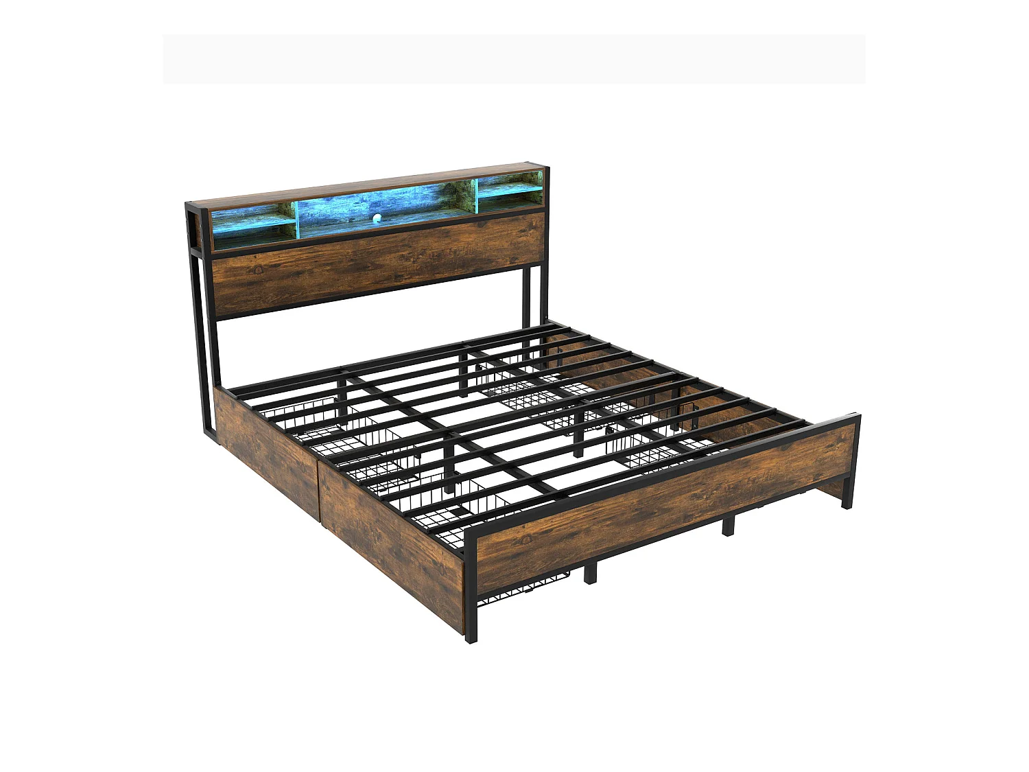 Lit adulte avec 4 tiroirs, sommier à lattes, tête de lit LED avec chargement USB et fonction rangement, MDF+métal, marron 180x200cm