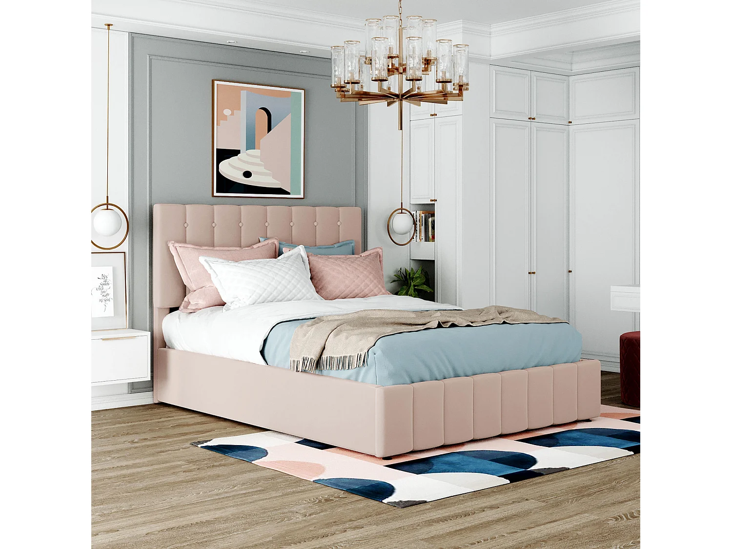 Lit coffre adulte 140 x 200cm - lit double en velours avec sommier à lattes en métal et tête de lit réglable en hauteur - Beige