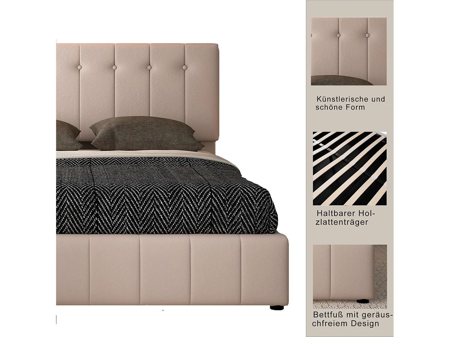 Lit coffre adulte 140 x 200cm - lit double en velours avec sommier à lattes en métal et tête de lit réglable en hauteur - Beige