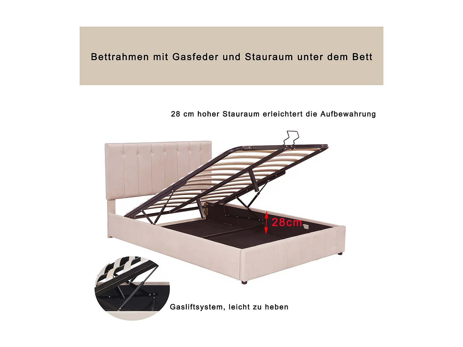 Lit coffre adulte 140 x 200cm - lit double en velours avec sommier à lattes en métal et tête de lit réglable en hauteur - Beige