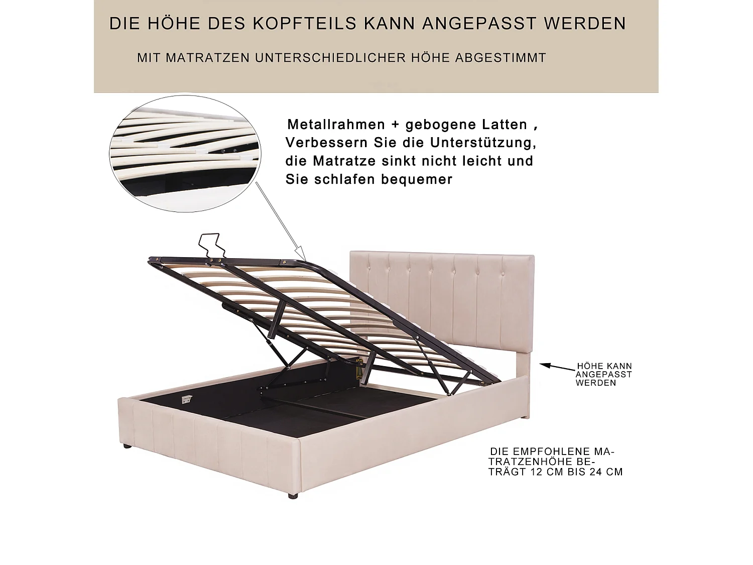 Lit coffre adulte 140 x 200cm - lit double en velours avec sommier à lattes en métal et tête de lit réglable en hauteur - Beige