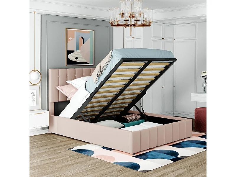 Lit coffre adulte 140 x 200cm - lit double en velours avec sommier à lattes en métal et tête de lit réglable en hauteur - Beige