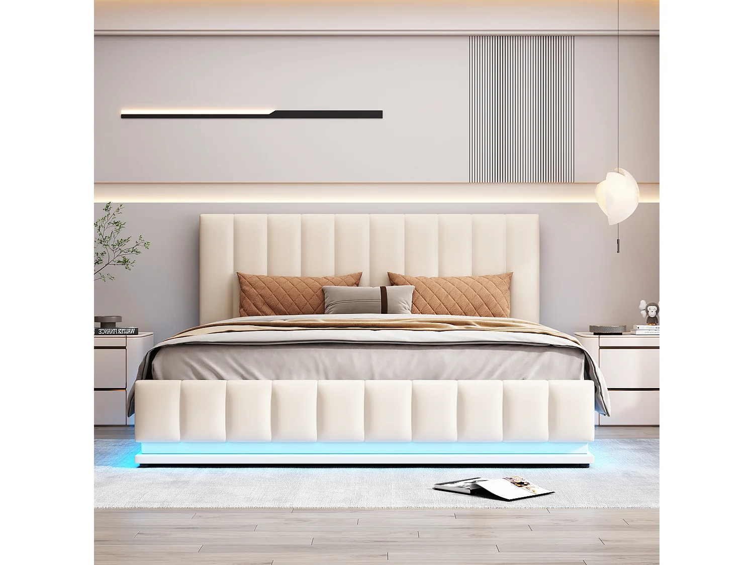 160x200cm opbergbed - LED gestoffeerd bed met lattenbodem en in hoogte verstelbaar hoofdeinde - wit imitatieleer