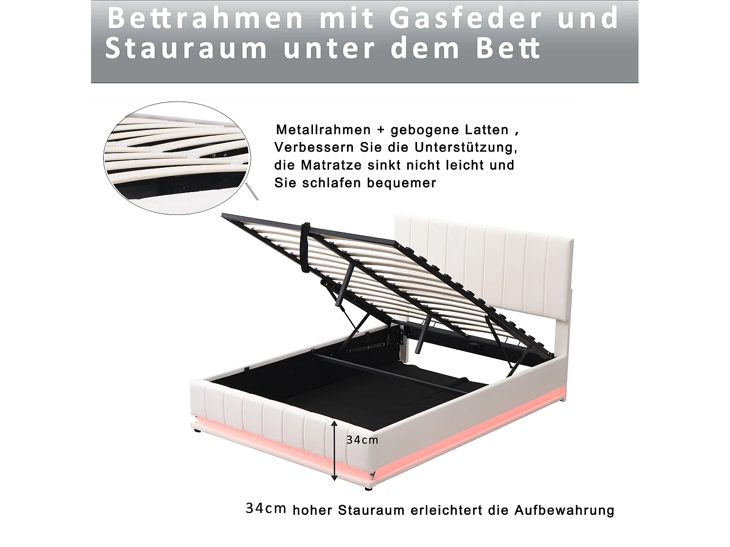 160x200cm opbergbed - LED gestoffeerd bed met lattenbodem en in hoogte verstelbaar hoofdeinde - wit imitatieleer