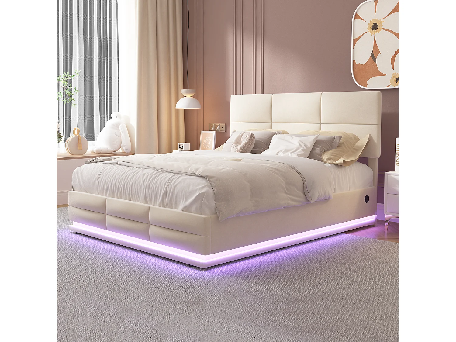 Letto matrimoniale contenitore imbottito idraulico 140 x 200 cm in velluto delicato sulla pelle con luci LED e caricabatterie USB, bianco