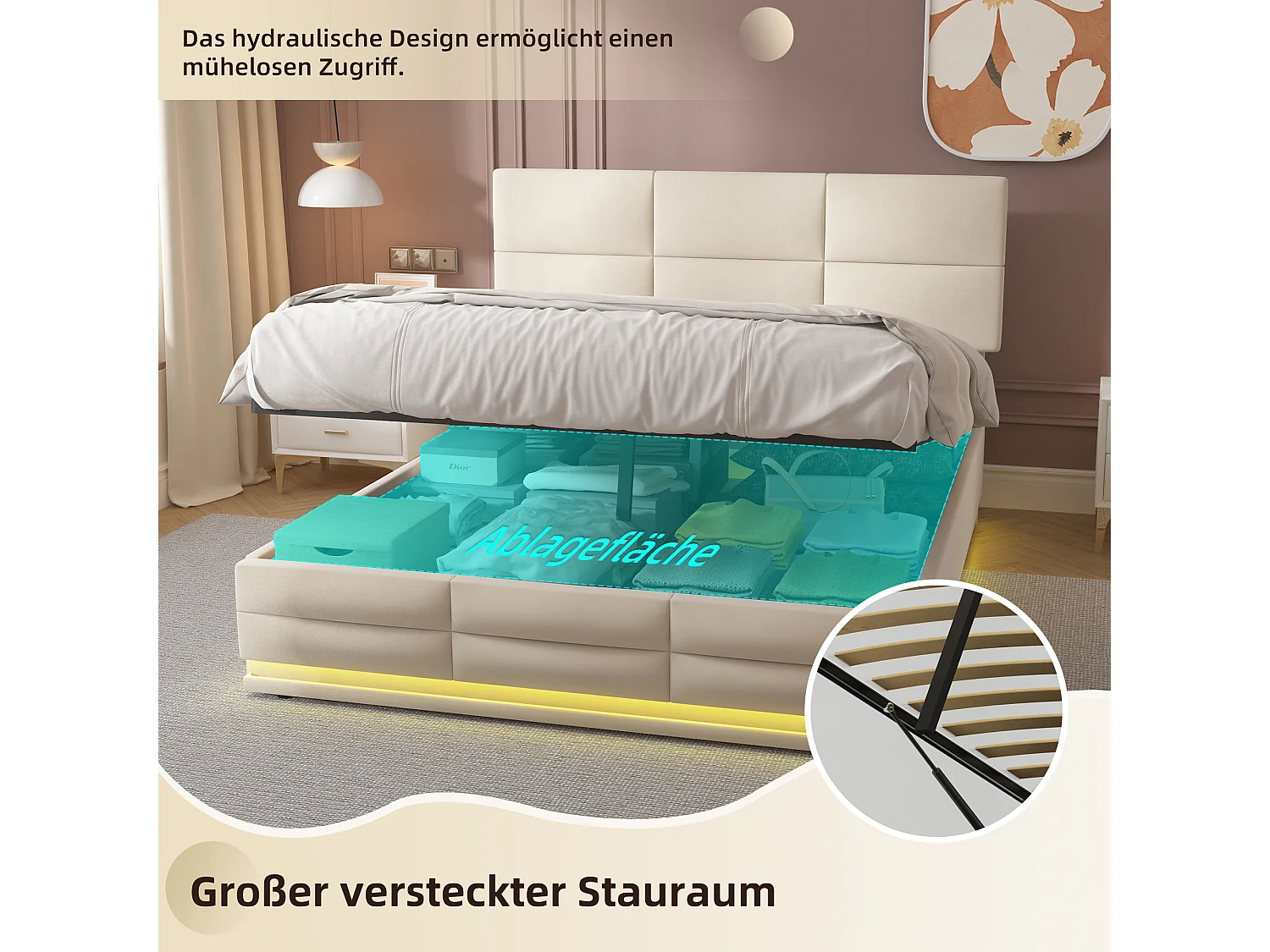 Letto matrimoniale contenitore imbottito idraulico 140 x 200 cm in velluto delicato sulla pelle con luci LED e caricabatterie USB, bianco