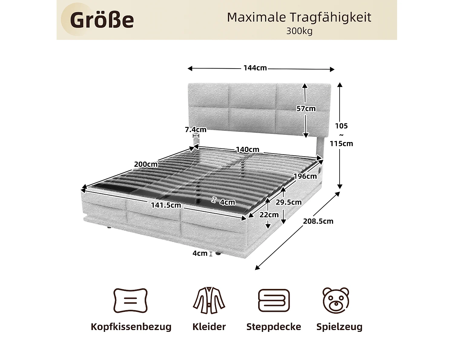 Letto matrimoniale contenitore imbottito idraulico 140 x 200 cm in velluto delicato sulla pelle con luci LED e caricabatterie USB, bianco