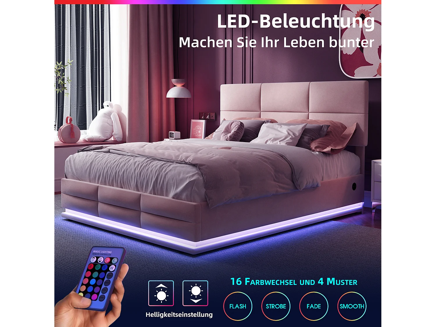 Letto matrimoniale contenitore imbottito idraulico 140 x 200 cm in velluto delicato sulla pelle con luci LED e caricabatterie USB, bianco
