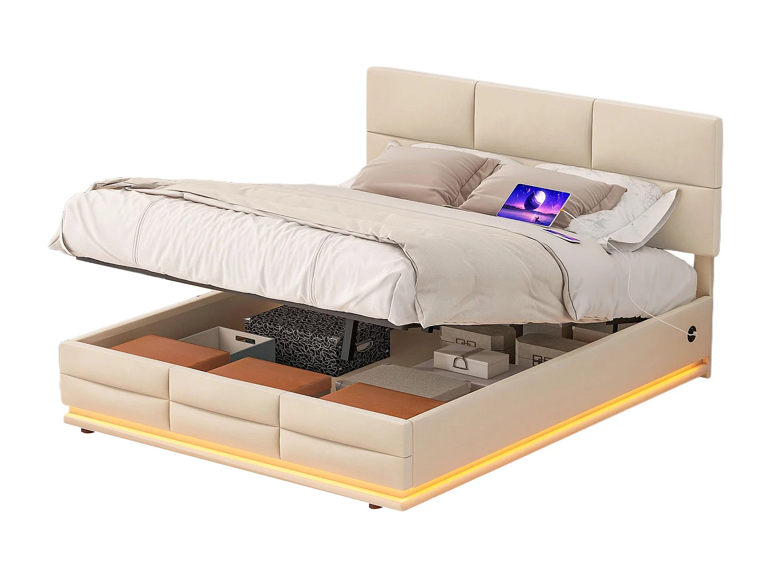 Letto matrimoniale contenitore imbottito idraulico 140 x 200 cm in velluto delicato sulla pelle con luci LED e caricabatterie USB, bianco