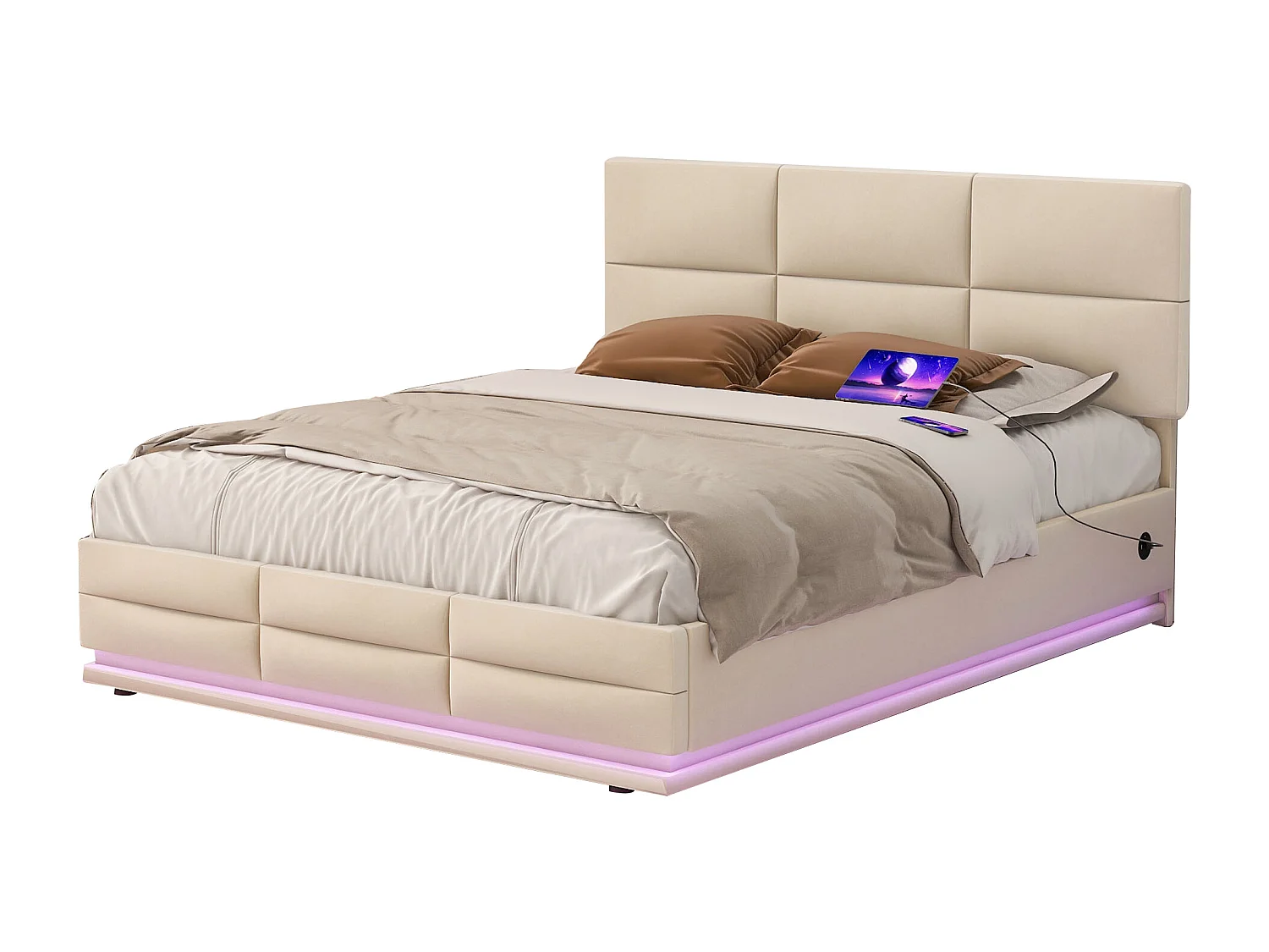 Letto matrimoniale contenitore imbottito idraulico 140 x 200 cm in velluto delicato sulla pelle con luci LED e caricabatterie USB, bianco