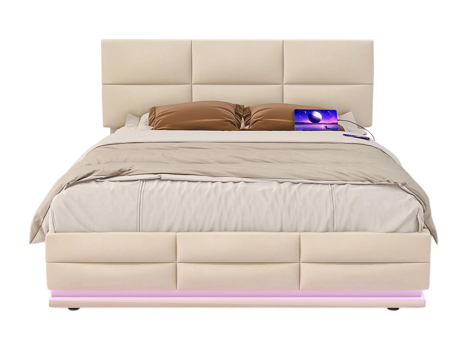 Letto matrimoniale contenitore imbottito idraulico 140 x 200 cm in velluto delicato sulla pelle con luci LED e caricabatterie USB, bianco