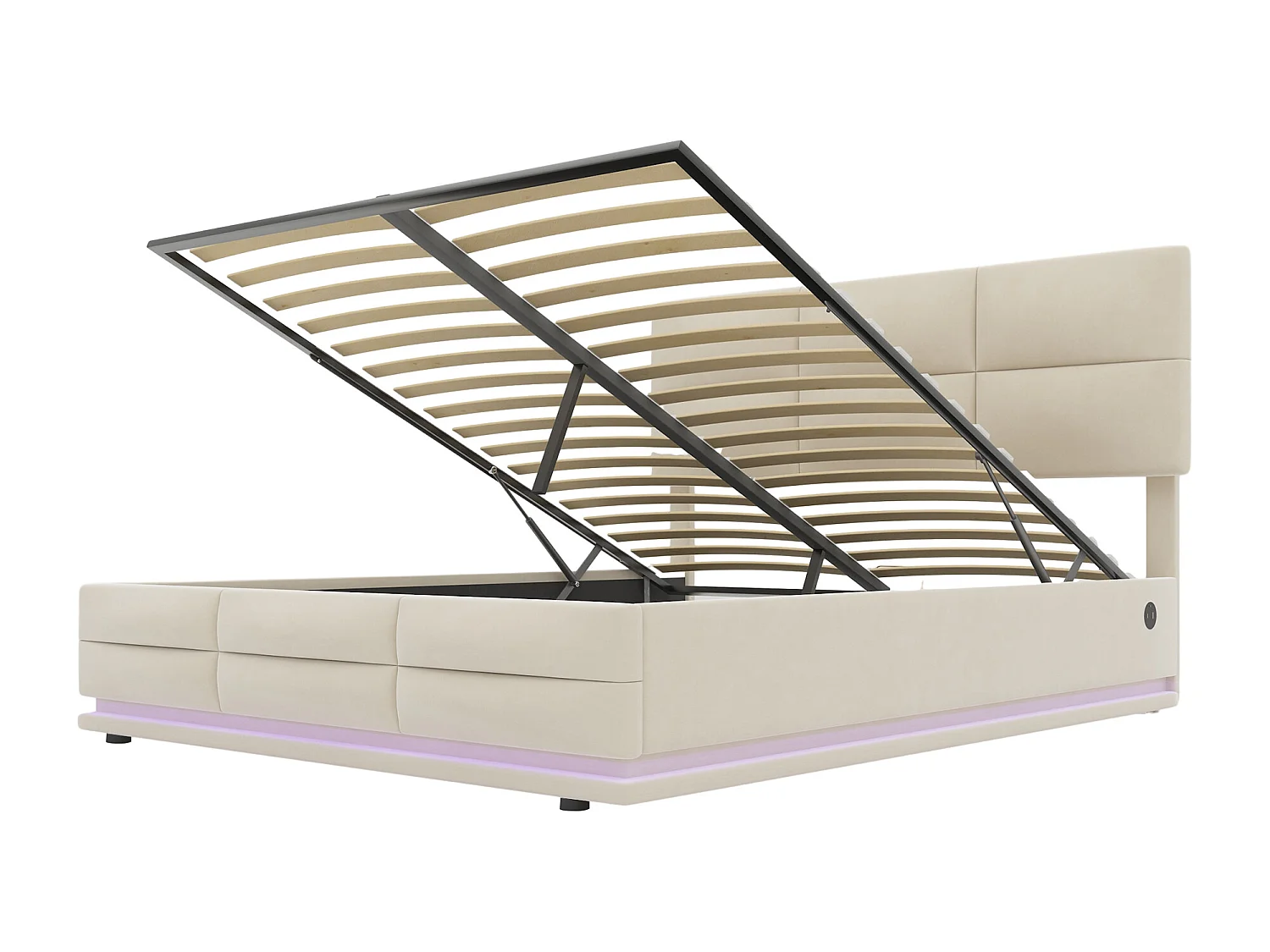 Letto matrimoniale contenitore imbottito idraulico 140 x 200 cm in velluto delicato sulla pelle con luci LED e caricabatterie USB, bianco