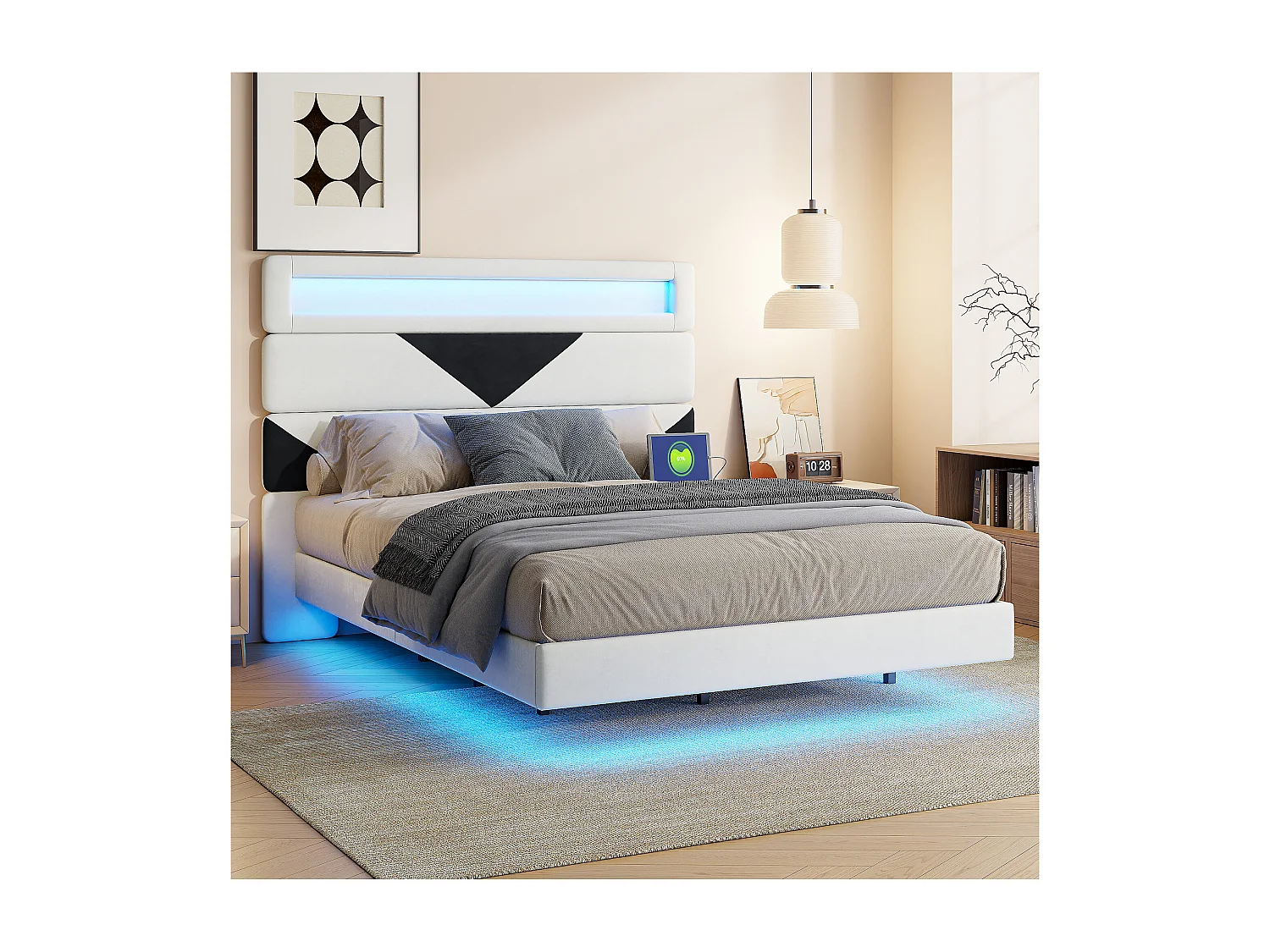 Lit 160x200 cm, MDF,  avec  USB et éclairage LED, Cadre de lit, lit flottant avec Tête de lit triangle,  - Blanc