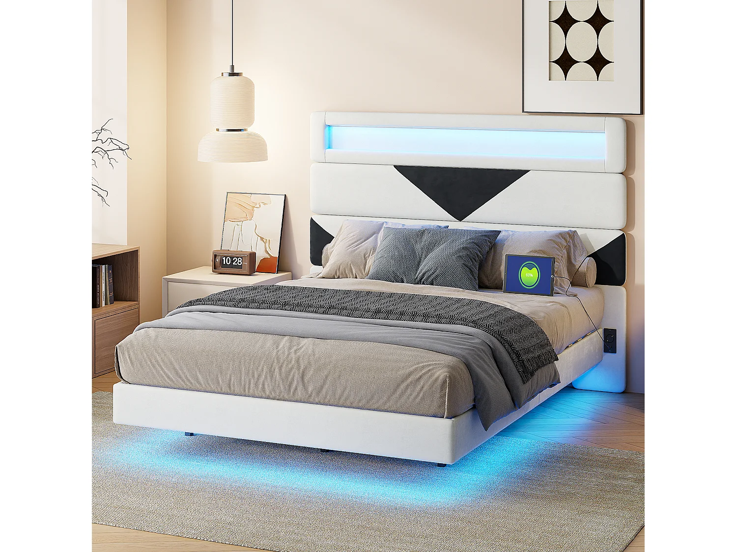 Lit 160x200 cm, MDF,  avec  USB et éclairage LED, Cadre de lit, lit flottant avec Tête de lit triangle,  - Blanc