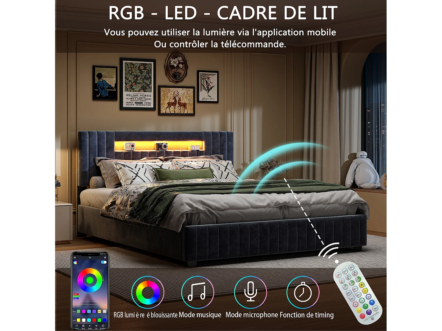 Cama com arrumação 140x200cm - Cama de casal com estrado de ripas e cabeceira LED com arrumação, em tecido veludo cinzento