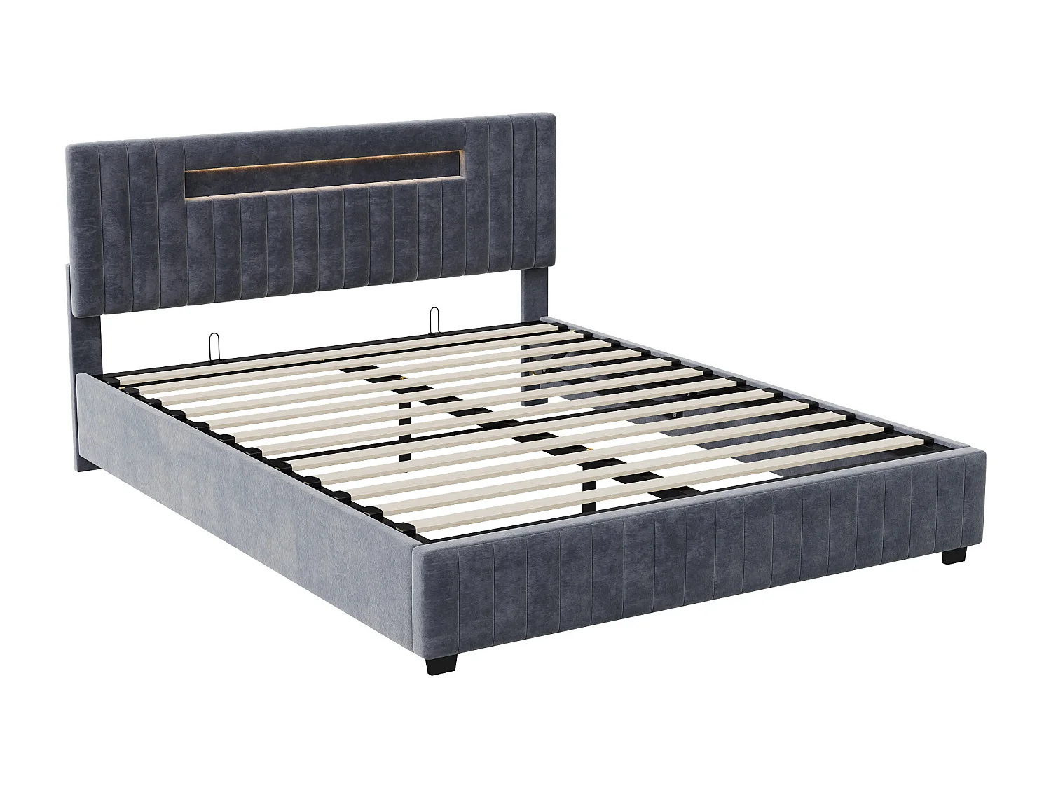 Lit coffre 140x200cm - Lit double avec sommier à lattes et tête de lit LED avec rangemet, en tissu velours gris