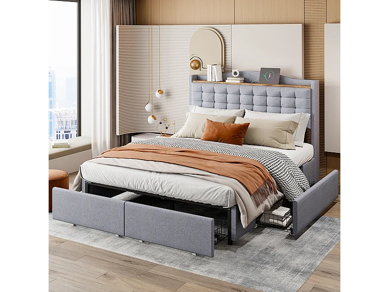 Cama estofada 160 x 200 cm, cama de casal com porta de carregamento USB e prateleira, espaço de armazenamento com 4 gavetas, em linho cinza