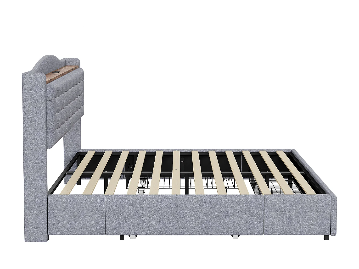 Gestoffeerd bed 160 x 200 cm, tweepersoonsbed met USB-oplaadpoort en plank, opbergruimte met 4 lades, in grijs linnen