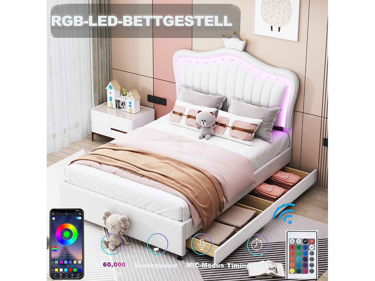 LED kinderbed met 2 lades, lattenbodem en kroonhoofdbord, PU leer, wit 90x200cm