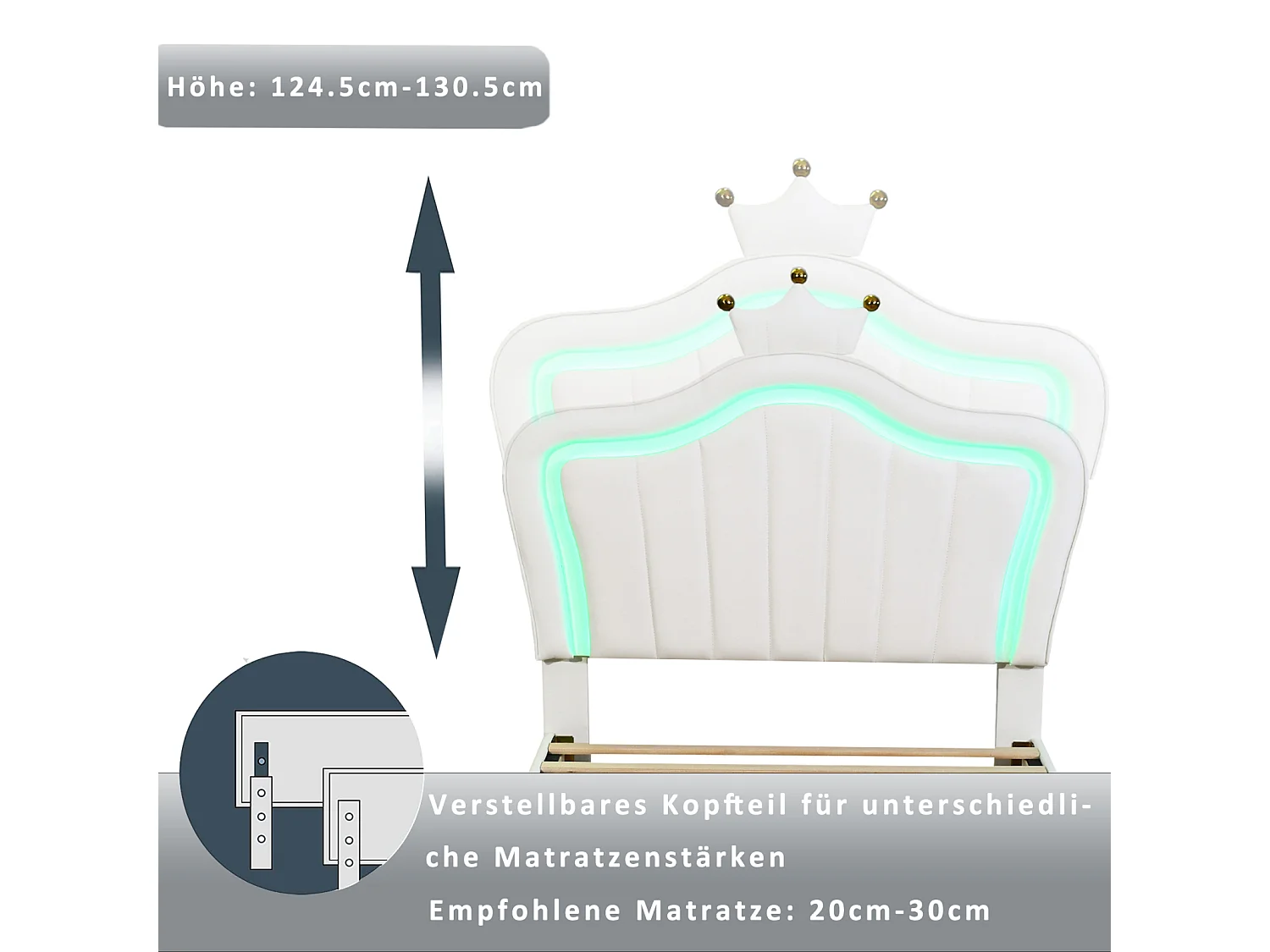 LED kinderbed met 2 lades, lattenbodem en kroonhoofdbord, PU leer, wit 90x200cm