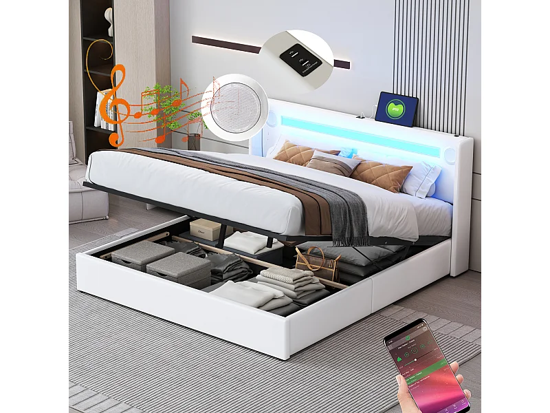 Cama com arrumação 160x200cm - Cama de casal com estrado de ripas, cabeceira LED com Bluetooth e porta USB - em pele PU branca